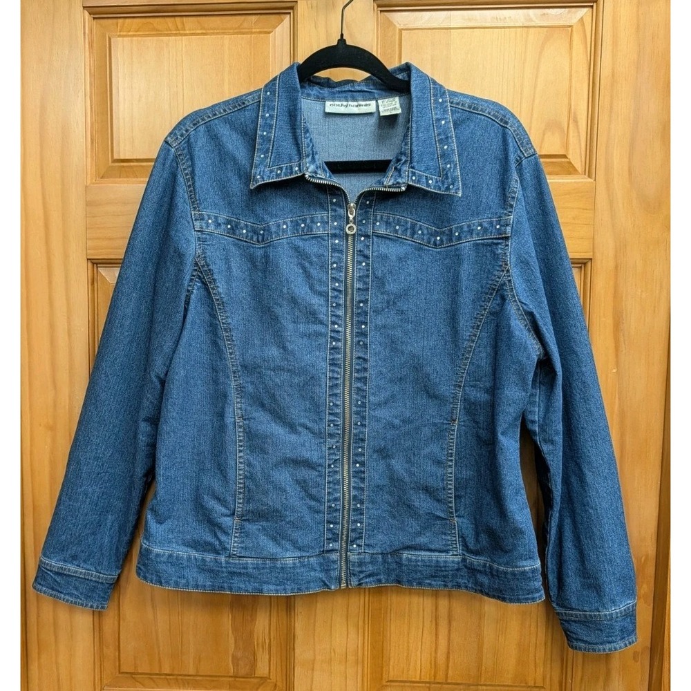 Cathy Daniels Women's Large Jean Jacket Rhinestoes Full Zip Spandex Classic